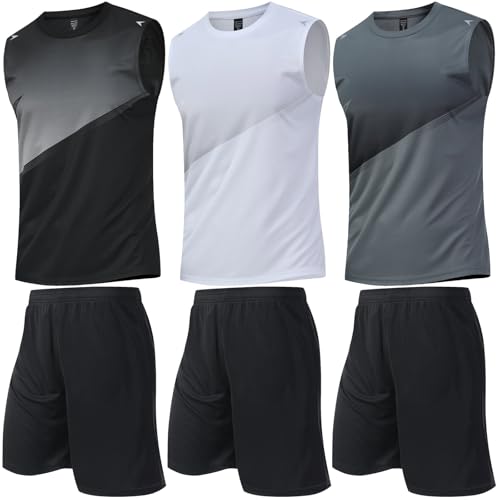 BOOMCOOL Tank top Men Shirt & Short Workout Sleeveless Gym Clothes Quick Dry for Active, 6811-black Gray White, Medium