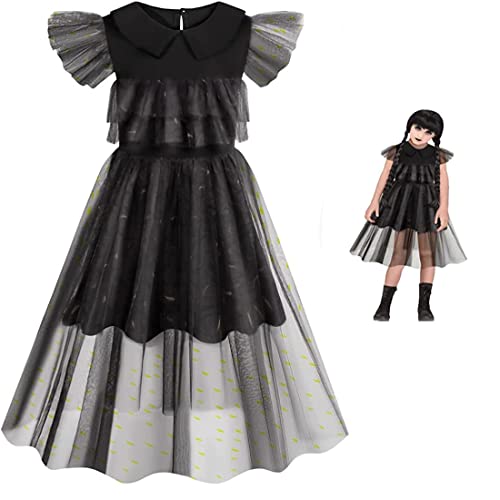 Marendyee Kids Wednesday Addams Family Outfits Cosplay Costume Aednesday for Children Girls Halloween Cosplay Black 5-6 Years