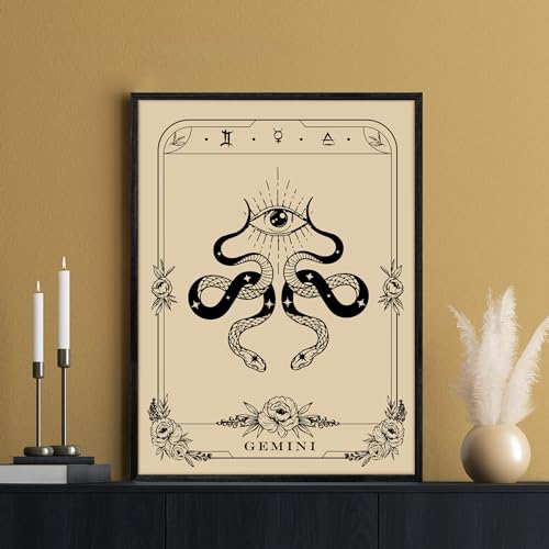 SERIMINO Witchy Framed Wall Art, Gemini Tarot Canvas Prints Paintings, Horoscope Dark Academia Home Decor Aesthetic, 12X16inch Gothic Wall Decor for Room