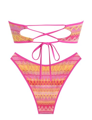 ZAFUL Crochet Bikini Sets for Women Swimsuit Two Piece Strapless Bandeau Cheeky Bathing Suits Womens Beach Holiday (Boho Rose Red XS) — view 3