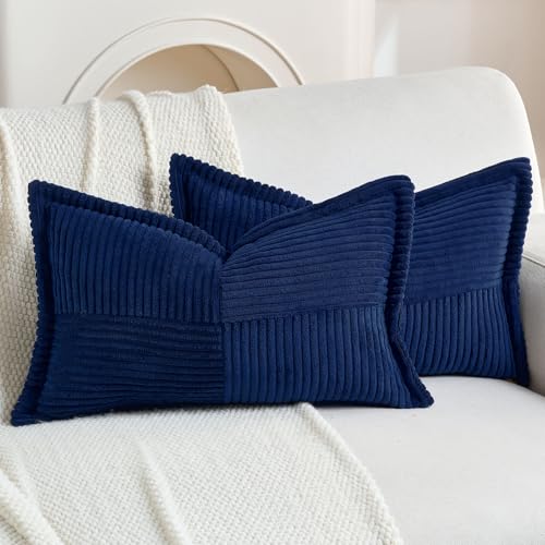 HAUSSY Pack of 2 Corduroy Throw Pillow Covers 12x20 Inch, Navy Blue