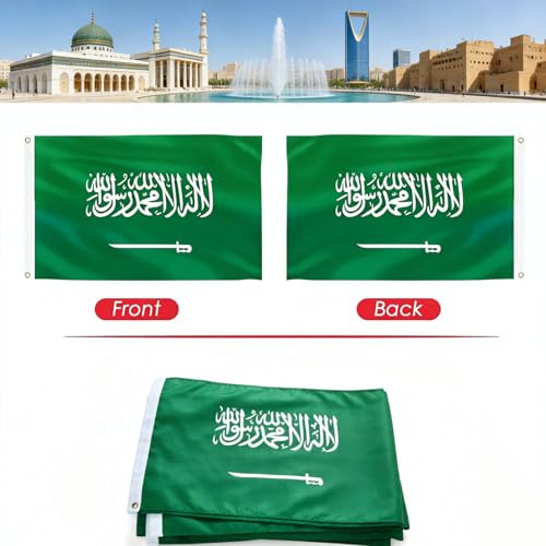 Image of Ahfulife Saudi Arabia Flag 3x5 Ft, 2 Pcs Large Saudi Arabian National Flags for Outdoor Indoor, Double Sided with Brass Eyelets for World Cup, National Day, Party, Garden, Bar, Street Decor
