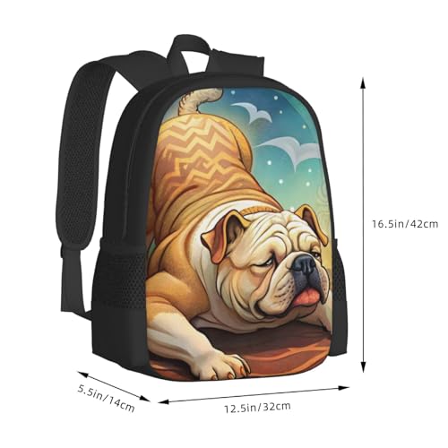 Large Capacity Bulldog Stretching Enchanting Dog Art Backpack Multipurpose Bag Zipper Backpack Unisex 17 in3