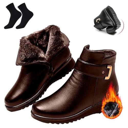 HESYSUAN Botas ortopédicas de lana de cuero genuino con hebilla de metal para mujer, botas de tobillo de cuero de terciopelo cálido para madres mayores (marrón, 35./)