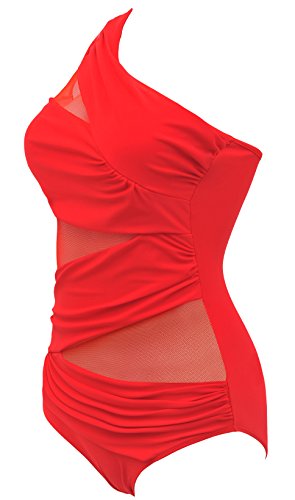 Runtlly Women's One Piece Swimsuits One Shoulder Plus Size Swimwear Bathing Suit with See Through Mesh Style - Image 3