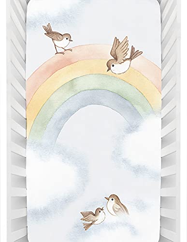 New Rookie Humans 100% Cotton Sateen Fitted Crib Sheet: Rainbow & Birds. Use as a Photo Background for Your Baby Pictures. Standard Crib Size (52 x 28 inches)