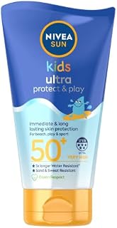 NIVEA SUN Kids Swim & Play // Ultra Protect & Play SPF 50+ Lotion (150ml), Water-Resistant Sunscreen, Effective UVB and 5 Star UVA Protection, Sun Cream Enriched with Dexpanthenol, Designs May Vary