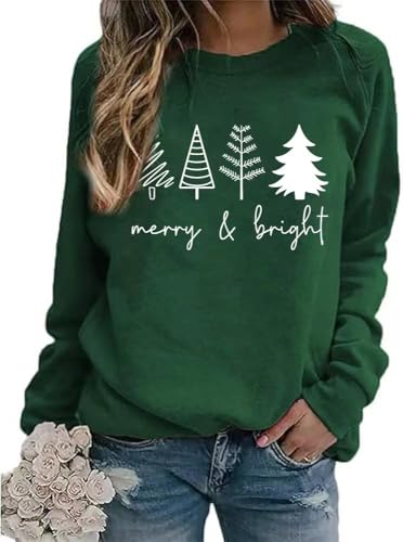 Womens Merry and Bright Christmas Tree Sweatshirt Funny Xmas Graphic Long Sleeve Holiday Party Family Christmas Matching Winter Tops(XXL,G-Green-2)