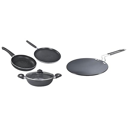 Prestige Omega Deluxe Granite 3 Pcs with 1 Glass Lid & Hard Anodised Plus Cookware Induction Base Roti Tawa, 225mm, Black Combo