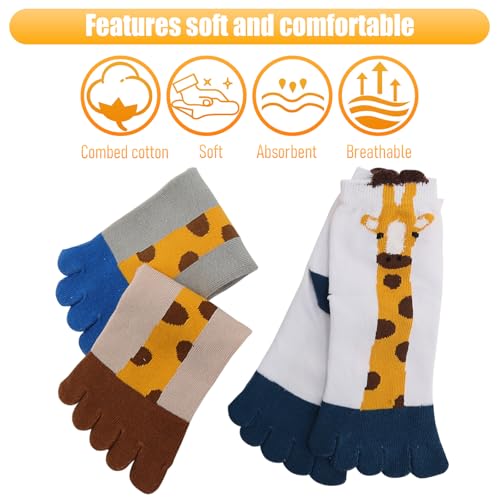 5 Pairs Kids Five Toe Socks, Soft Breathable Giraffe Pattern Cotton Toe-Separated Socks for 3-12 Years3