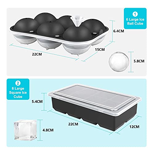 Siliconen ijsblokjesvorm, 2 XXL ijsblokjesvormpjes, 6 ijsbalvormpjes en 8 ijsblokjesvormpjes met deksel en trechter, BPA… - Afbeelding 5