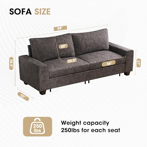 Image of Couchus 88 inch Upholstered Sofa Couch with Seats Storage, Chenille Fabric Couch for Living Room, Office, Apart W /Deep Seat, Wide Arms, Side Pockets,Removable Cover (Dark Grey)