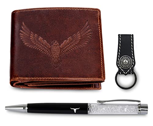 Image of URBAN FOREST Zylo Caramel Brown Leather Wallet + Keychain + Pen Combo Gift Set for Men