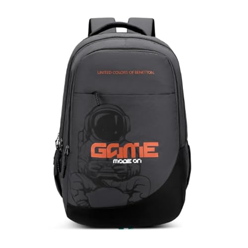 United Colors of Benetton Backpack Falcon - Grey | Printed High School Bag With 3 CompartMen'sts, Airmesh Padding & 1-Year Warranty - 38L Capacity | Daypack For School Girls & Boys
