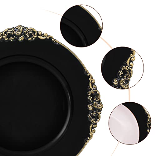 Dacakews Antique Black Gold Trim Charger Plates Set Of 12, 13" Round Plastic Chargers For Dinner Plates,Wedding Reception Chargers Plates For Tabletop Decor Event(Black Antique12Pcs) #TOP5