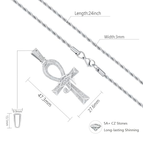 Eye of Horus Ankh Cross Pendant Necklace 18K White Gold Plated Iced Out CZ Bling Ancient Egyptian Religious Symbol Protection Chain Jewelry for Men Women Christmas Birthday Gift2