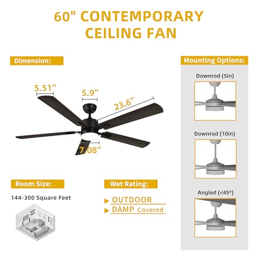 DWVO 60 Inch Smart Ceiling Fan with Light and Remote & APP Control, Modern Black Ceiling Fans with Reversible 6 Speeds Quiet Motor, 3 Color Dimmable, Memory Function, for Bedroom, Outdoor, Indoor
