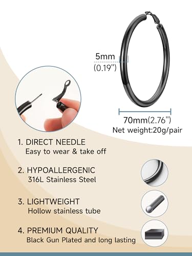 Image of Stainless Steel Chunky Hoop Earrings For Women, Minimalist and Chic, Black /Gold Plated, Round Hoops Earrings Hypoallergenic, Size: 30mm /40mm /60mm /80mm, Come with Box