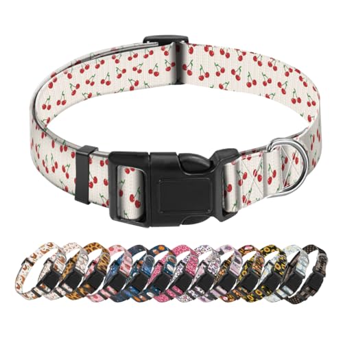 SXboxing Dog Collar, Cute Dog Collar for Small Medium Large Dogs, Personalized Adjustable Soft Pet Collars with Quick Release Buckle for Walking Running, Cute Cherry L