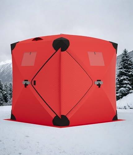 Garvee Pop Up Ice Fishing Tent Insulated Ice Fishing Shelter Portable Hub-Style Shelter Shanty Windproof and Warm, Multiple Sizes for 3-4 Person, Red, 6x6x6.6 Ft