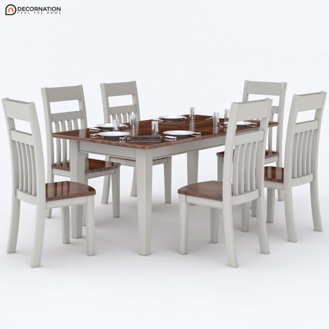 Image of DecorNation Chimay Solid Wood 6 Seater Dining Table Set with Chairs| Dual Tone White & Walnut Finish | Modern Rectangular Dining Table for Home