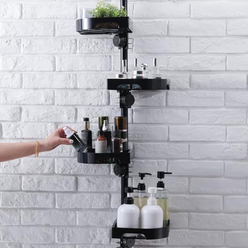 Image of shuang qing 4-Tier Corner Shower Caddy Tension Pole Organizer (Black) | 4-Tier rotating shelves with hooks, adjustable tray height, upgraded rustproof metal pole, removable trays for shower storage