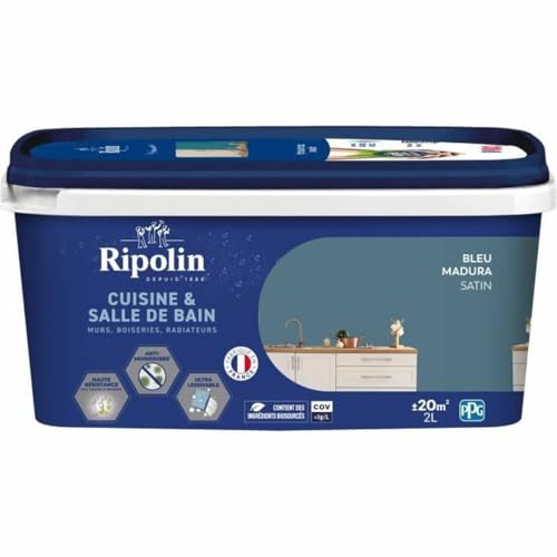 RIPOLIN - Peinture Intérieure Cuisine et Bain – Murs, Boiseries et Radiateurs - Adapté Pièces Humides - Effet Perlant - Lessivable - Haute Résistance - Bleu Madura - Satin - 2L