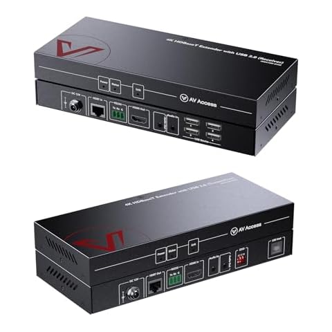 AV Access HDMI USB Extender(HDBaseT) KVM, 100m/330ft 4K 60Hz 1080p 120Hz Over Cat5e/6/6a/7, Keyboard+Mouse+HDMI+USB, 4 Ports USB2.0, No Signal Loss and Latency, RS232, POE, Independent EDID Management Cover