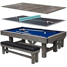 Hathaway Logan 7-ft Pool Table Combo Set with Benches - Rustic Gray with Blue Felt, Barnwood