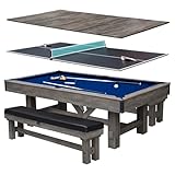 Hathaway Logan 7 Foot Pool Table Combo with Benches – Billiard Table with Ping Pong and Dining Tops – Comes with Complete Game Accessories and Built-In Storage - Rustic Gray Barnwood Finish, Blue Felt