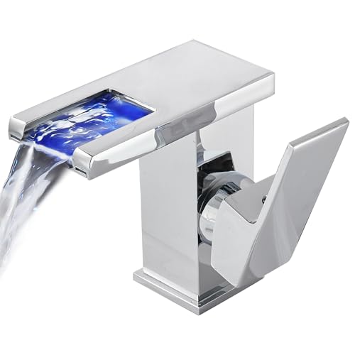 Batterielose LED Wasserhahn Bad, OUGOO Wasserfall RGB 3 Farbwechsel Waschtischarmatur nach Temperatur, Edelstahl Einhebelmischer Mischbatterie für Badezimmer, Chrom