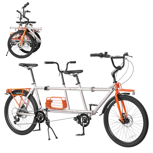 Image of Heavy Duty 24 Inch 6 Speeds Folding Tandem Bike for Adults-2-Seater Foldable Double Bike Folding Tandem Beach Cruise Bike with Front and Rear Carrier,2 Colors