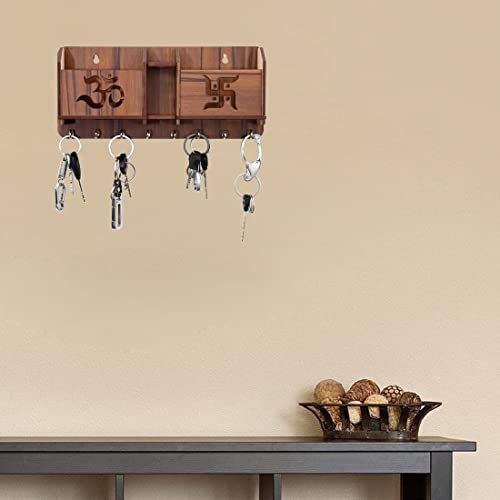 Image of Handcrafted MDF Wood Key Holder with Shelf & Mobile Stand - Wall-Mounted Organizer with 8 Hooks (Traditional)