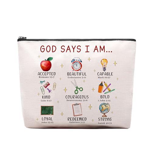 CEASQVAA God Says I Am Teacher Makeup Bag, Christian Teachers Gifts for Women, Teacher Must Haves Bible Verse Bag for Teacher, Faith Based Gifts Inspirational Gift Cosmetic Bag Pouch