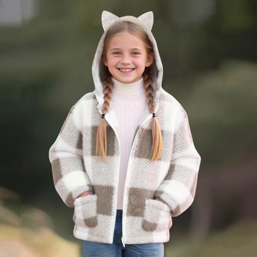 Girls Fleece Jacket Cute Plaid Zip Up Hoodie Sherpa Coat Winter Fall Warm Soft Girl Clothes With Pockets 8-14 Years2