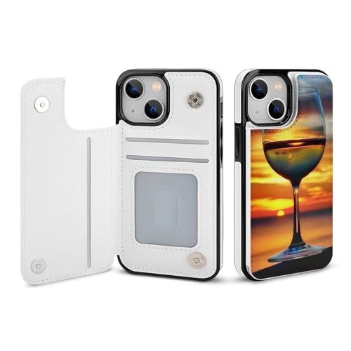 HKMNLEW Sunset Wine Glass Print Flip Phone Wallet Case iPhone 13 Mini�p�APU���U�[���C�ϏՌ��d�b�P�[�X�J�o�[ �J�[�h�z���_�[�t��