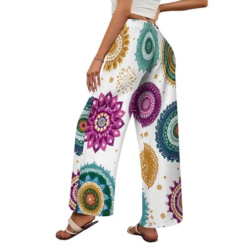Womens 2025 New Floral Print Wide Leg Pants Lounge Baggy Elastic High Waist Straight Leg Palazzo Trousers3