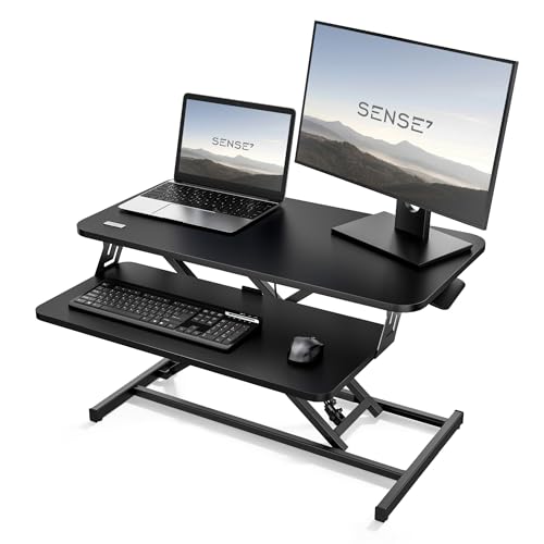 SENSE7 Escritorio Plegable Desk Converter, Escritorio Ajustable en Altura, Soporte para portátil, Capacidad de Carga 13kg, estación de Trabajo de pie, 81x40cm, Mesa con Bandeja para Teclado, Black