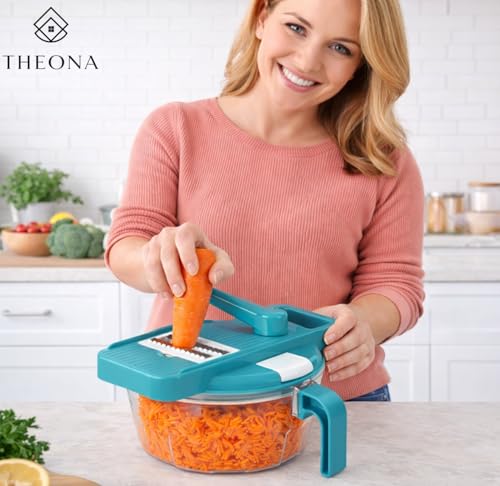 Image of THEONA 2 in 1 Vegetable Chopper with Grater, Slicer & Peeler | Manual Rotary Food Chopper with Container | Stainless Steel Blades for Onion, Carrot & Salad