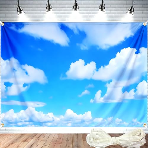 7x5ft Blue Sky White Clouds Backdrop with 19.69ft Ribbon, Clear