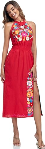 Image of Womens Mexican Floral Embroidered Halter Maxi Dress Side Slit Boho Dress