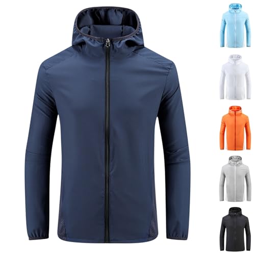 Sun Protection Jackets for Men Lightweight Breathable Waterproof Hooded Jackets Zip Up Active Raincoat,Dark Blue,X-Large