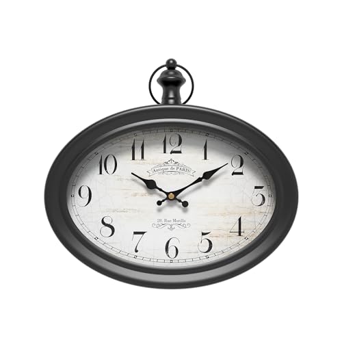 Retro Oval Wall Clock. Black Vintage Antique Style. Battery Operated Silent Wall Clocks for Farmhouse,Kitchen,Bedroom,Bathroom (10.5 H x 11.3 W)
