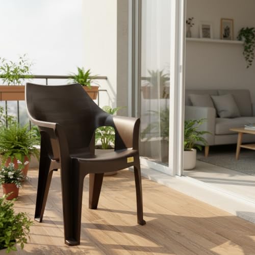 Image of Single Plastic Chair for Home & Outdoor Use | Heavy Duty Comfortable Chair with Strong Legs | Easy to Clean | Suitable for Living Room, Balcony (Pack of 1-Oxford | Brown)
