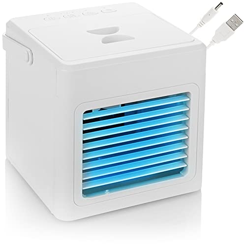 CONSEGNA: 1x mini refrigeratore d'aria, 1x cavo USB//Dimensioni: ca. 15,5x14,5x15cm//Lunghezza cavo: ca.100cm//Volume di riempimento serbatoio acqua: ca. 260ml//Materiale: plastica//Colore: bianco//Colore LED: verde chiaro, arancione, viola, verde, blu, rosso, bianco