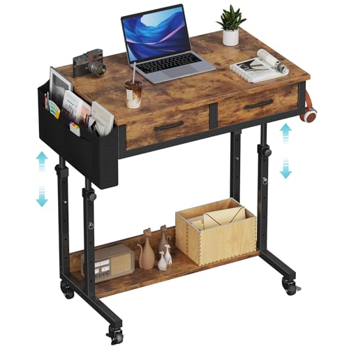 Small Portable Standing Rolling Desk - 32 Inch Adjustable Mobile Stand Up Teacher Desks with 2 Fabric Drawers on Wheels, Couch Sofa Side Laptop Table with Storage for Bedroom Home Office, Rustic Brown