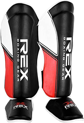 Rex Sports Shin Guards for Muay Thai, Kickboxing, MMA Fighting and Training, Instep Leg Protector Foam Pads for Martial Arts, Sparring, Protective Gear for BJJ and Boxing (L, Black/Red)