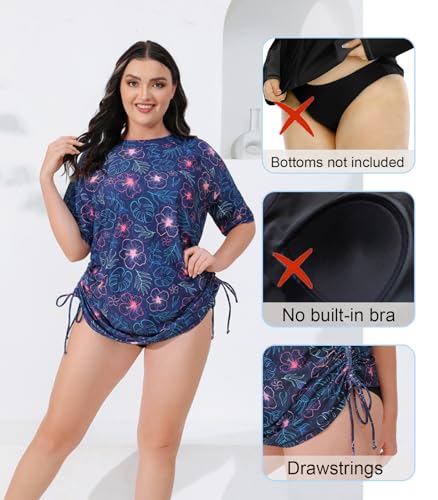 Halcurt Women's Plus Size Short Sleeve Rash Guard Ruched Side Drawstring Adjustable Swim Shirt UPF50 Quick Dry Swimsuit Top2