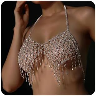 Wiwpar Boho Crystal Mesh Layered Body Chain Chest Chain Sexy Rhinestone Harness Bra Tassel Chest Body Costume Rave Party Nightclub Festival Accessories for Women Bikini Bra Body Chains
