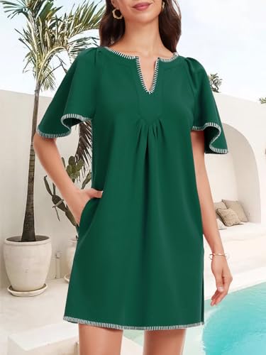 Image of KEOMUD Women's Summer Short Sleeve Mini Dress Casual V Neck Contrast Trim Flowy Shift Dresses with Pockets
